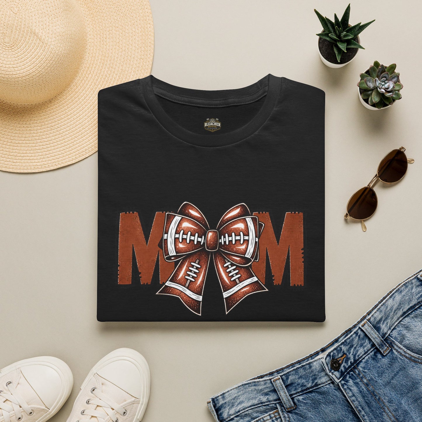 Football Mom T-Shirt — 'MOM' with Football Bow Graphic