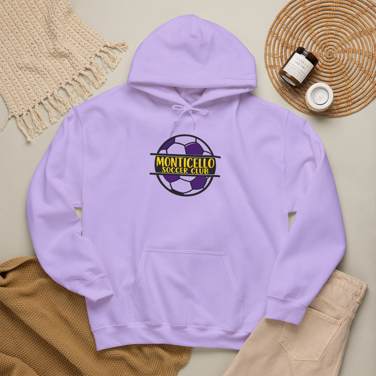Monticello Soccer Club Hoodie — Purple & Gold Soccer Logo Sweatshirt