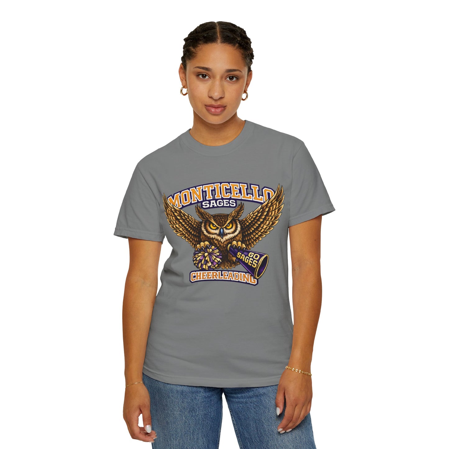 Monticello Sages Cheerleading T-shirt - Vintage Owl & Wings Team Tee