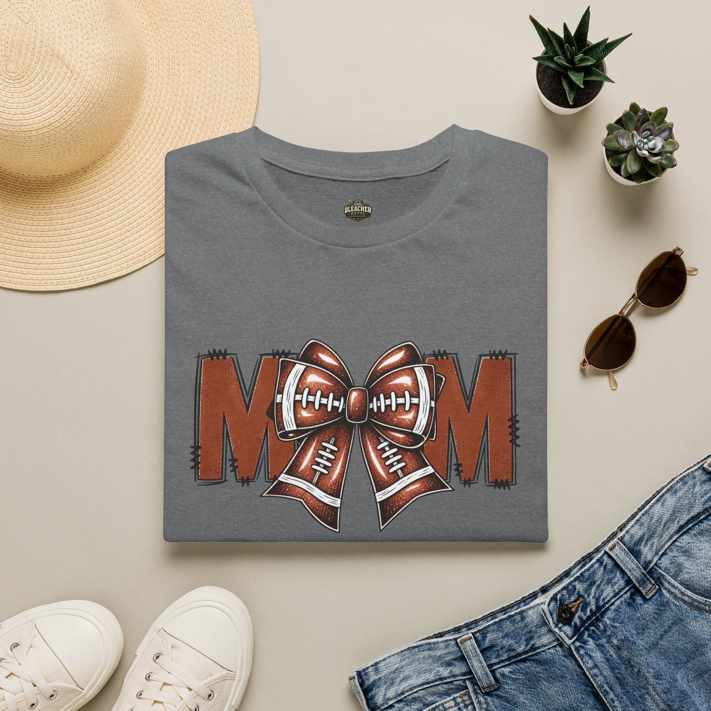 Football Mom T-Shirt — 'MOM' with Football Bow Graphic