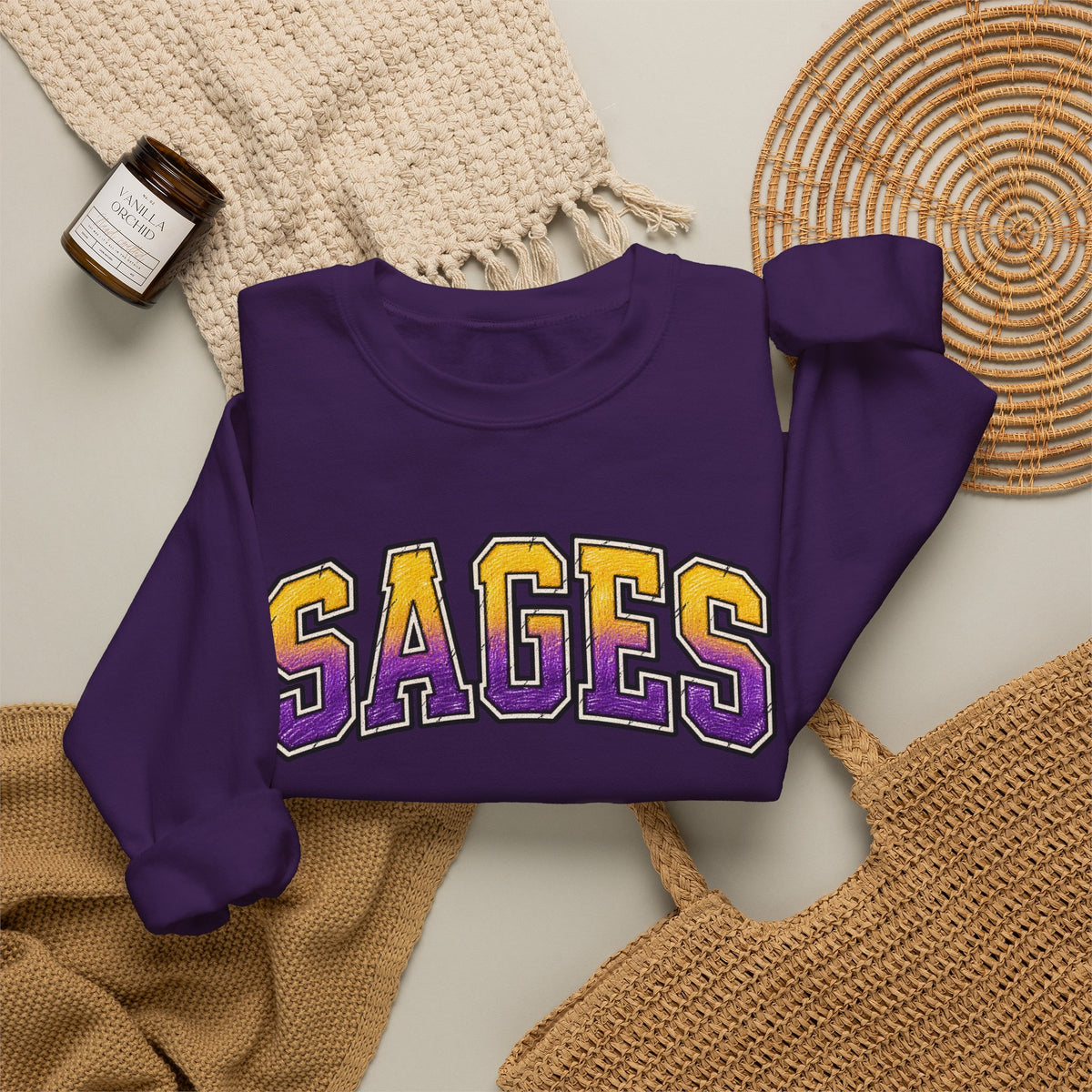 Sages Varsity Crewneck Sweatshirt — Retro Purple & Gold Collegiate Pullover