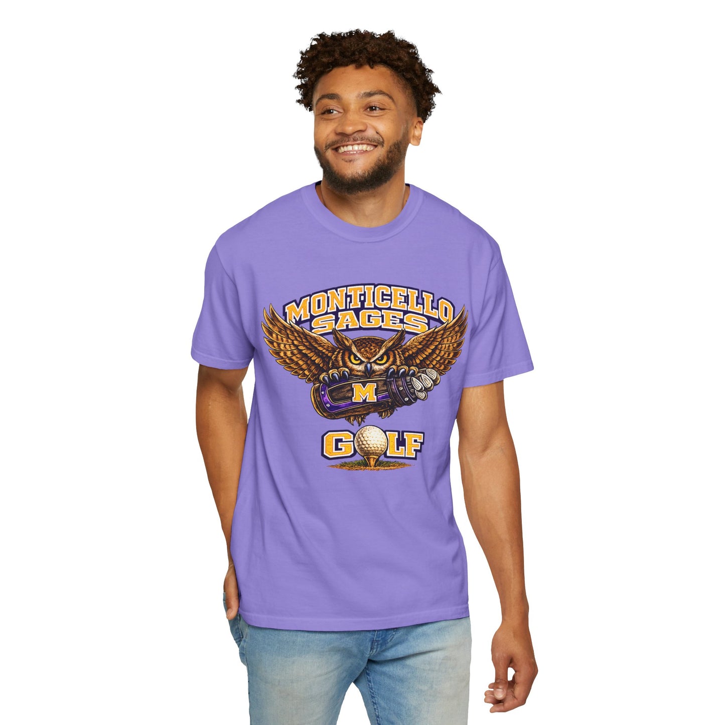 Monticello Sages Golf T-Shirt — Vintage Owl & Wings Team Tee