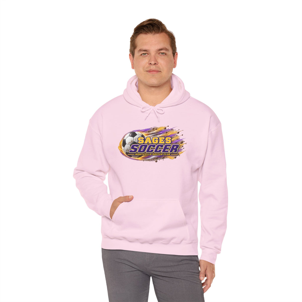 Sages Soccer Hoodie — Purple & Gold Flame Graphic Sweatshirt with Hood