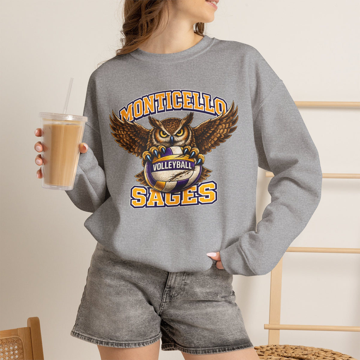 Monticello Sages Volleyball Crewneck Sweatshirt - Owl Wingspread Logo