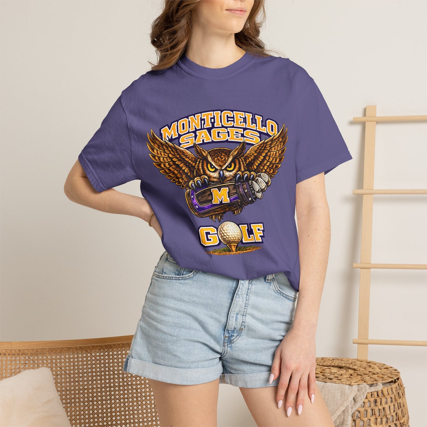 Monticello Sages Golf T-Shirt — Vintage Owl & Wings Team Tee