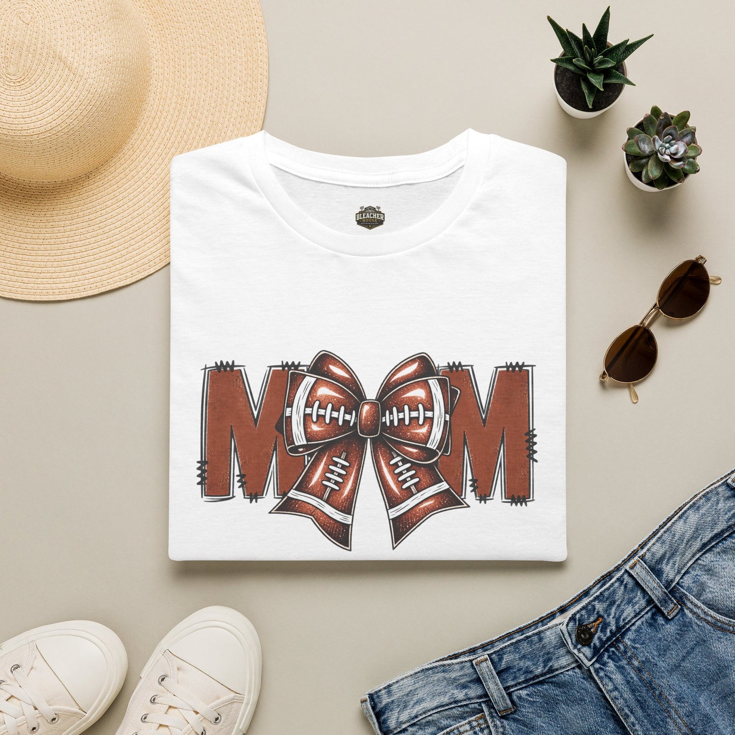 Football Mom T-Shirt — 'MOM' with Football Bow Graphic