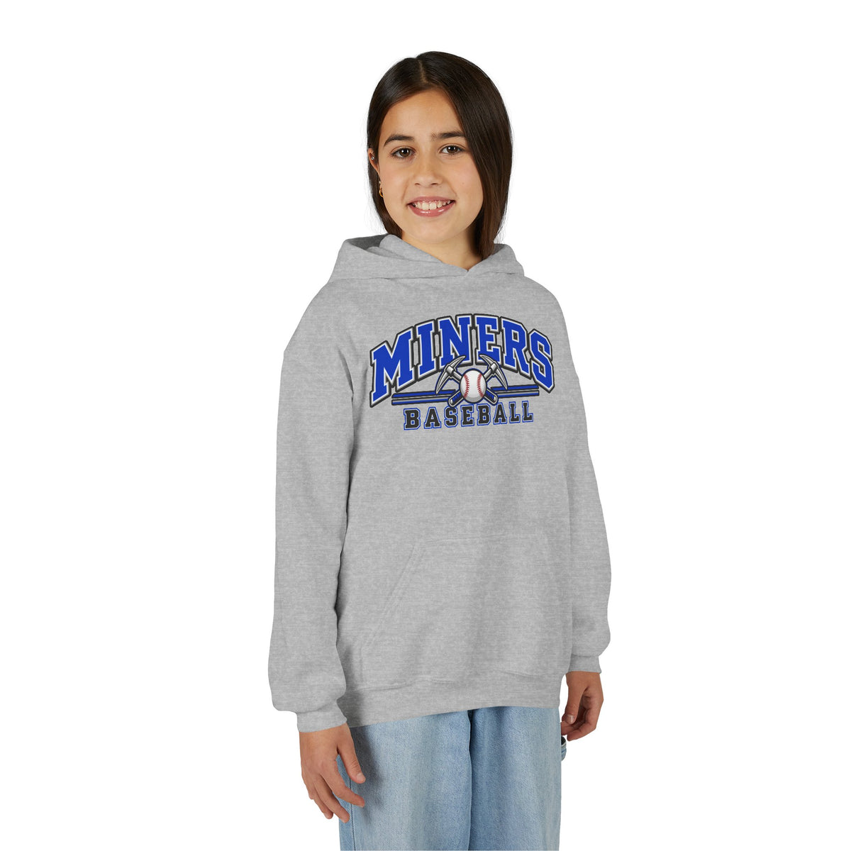 YOUTH Miners Baseball Hoodie — Pickaxe Cross Logo Graphic