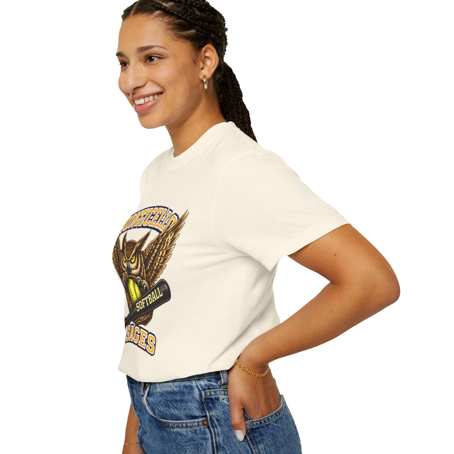 Monticello Sages Softball T-Shirt — Vintage Owl & Wings Team Tee