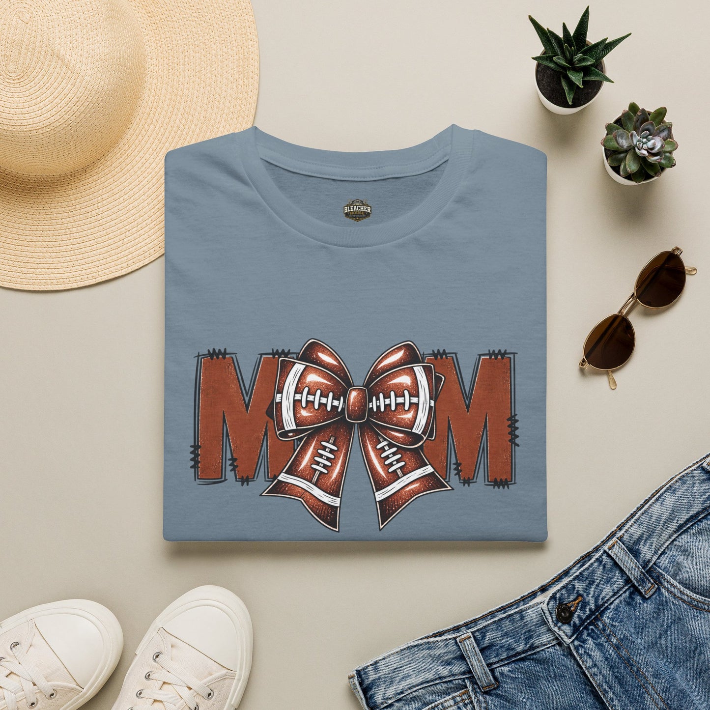 Football Mom T-Shirt — 'MOM' with Football Bow Graphic