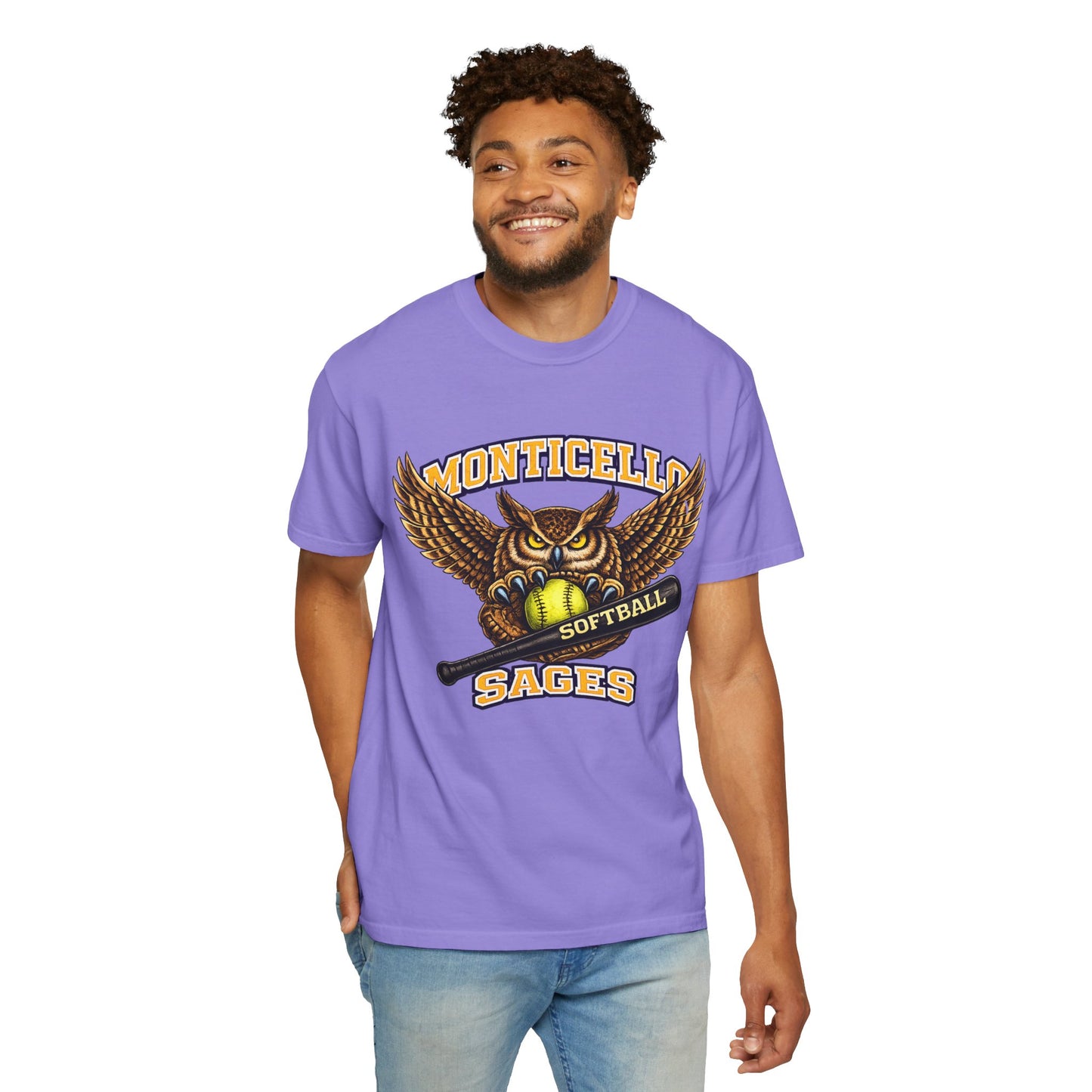 Monticello Sages Softball T-Shirt — Vintage Owl & Wings Team Tee