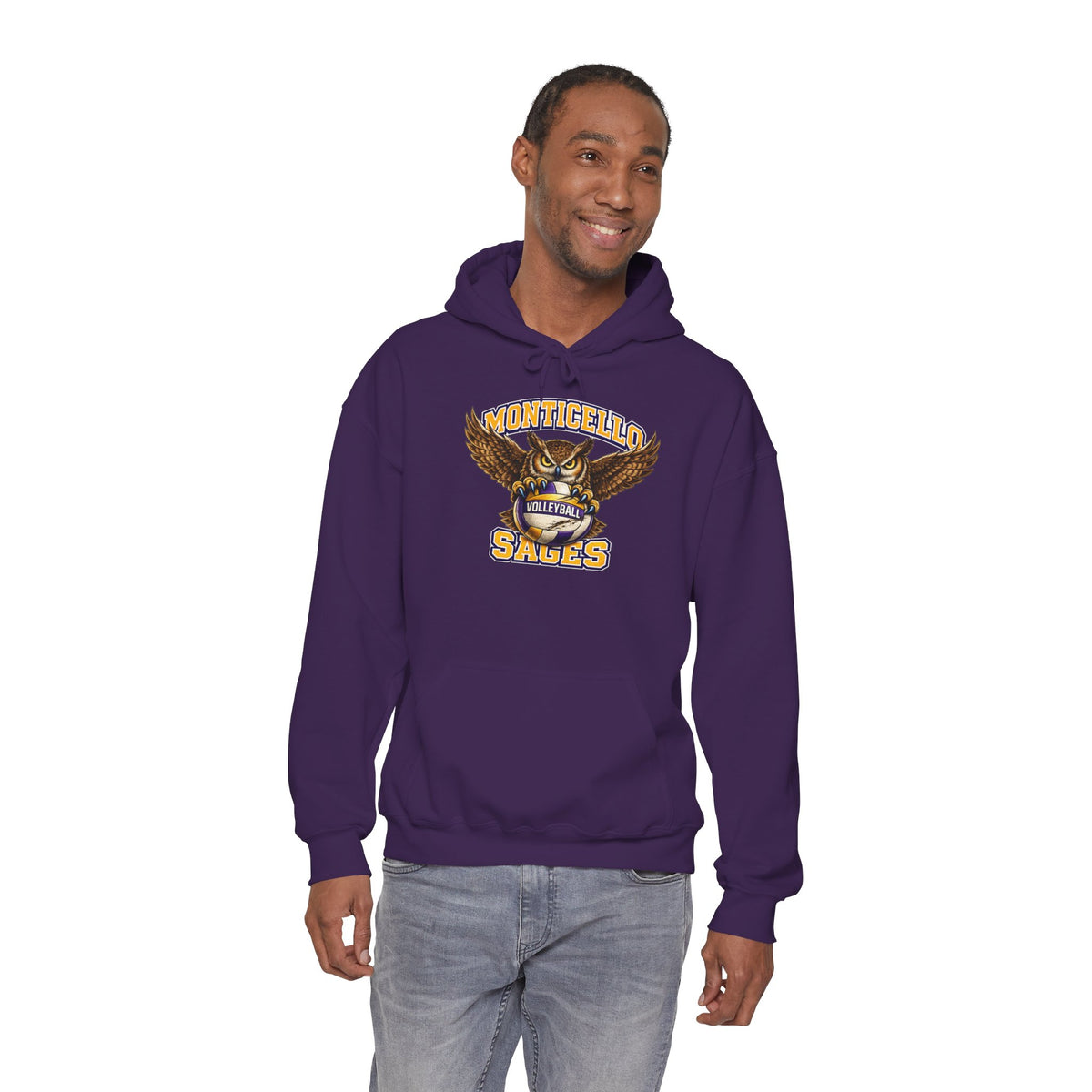 Monticello Sages Volleyball Hoodie — Wingspread Owl Mascot School Sweatshirt