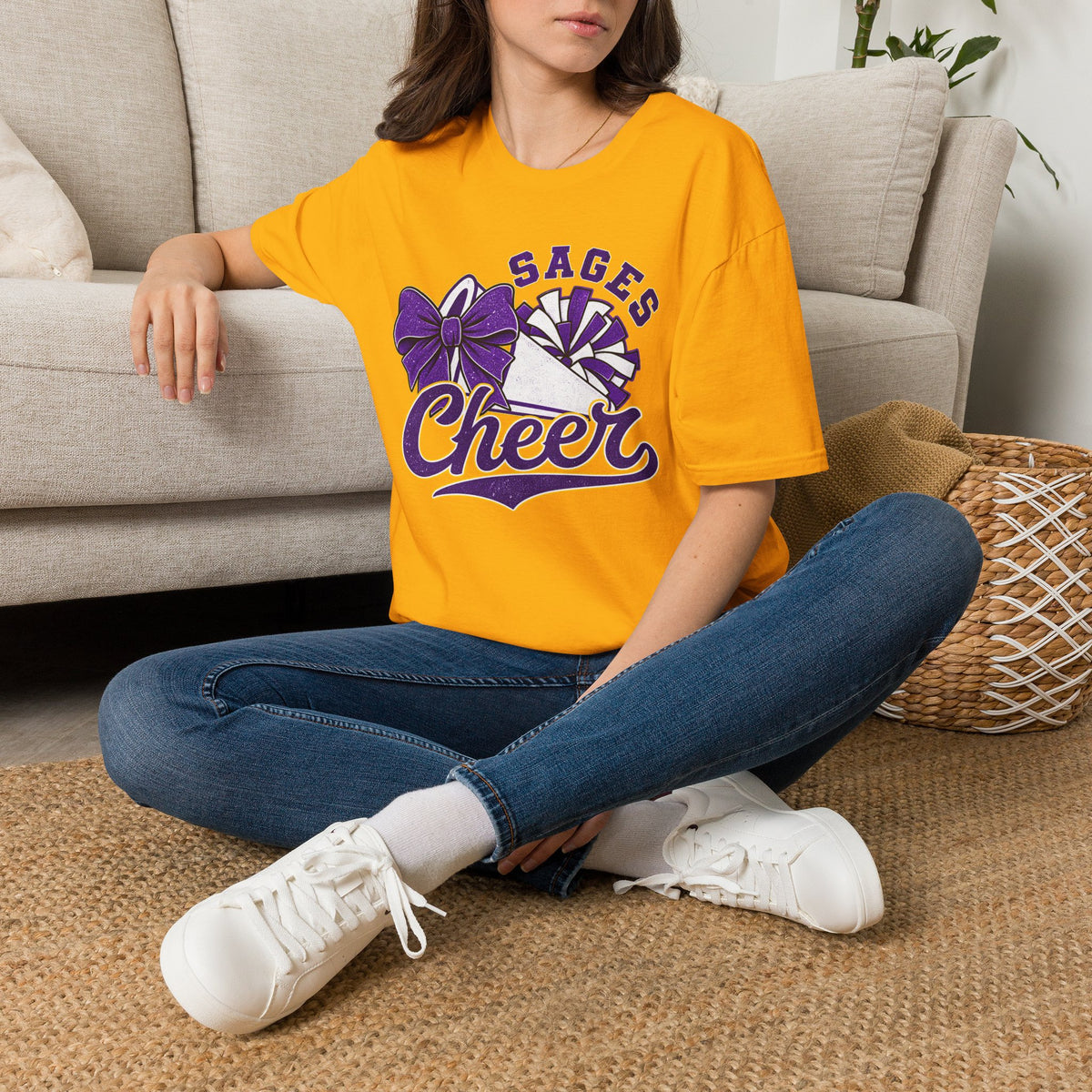 Sages Cheer T‑Shirt — Purple Bow & Pom Design