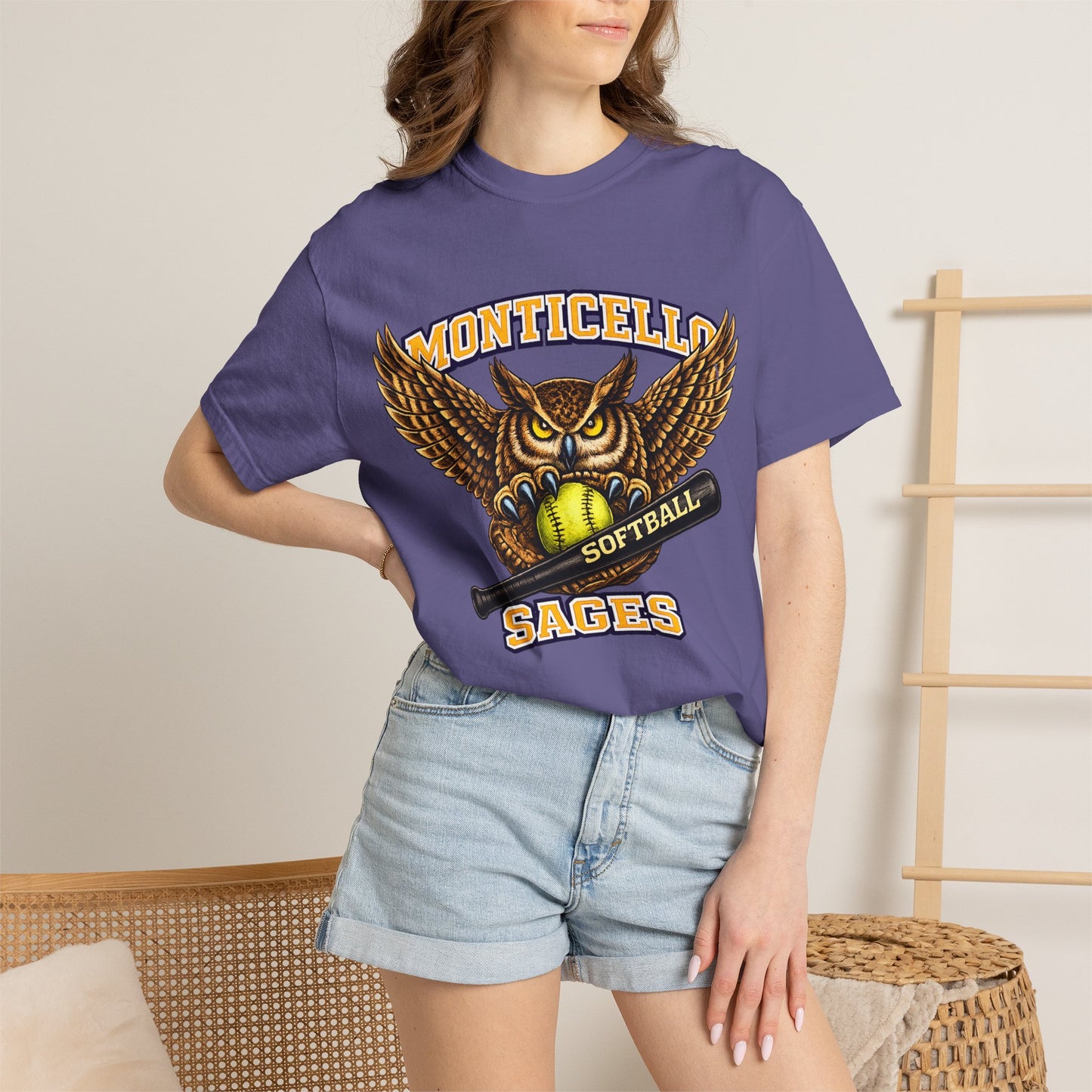 Monticello Sages Softball T-Shirt — Vintage Owl & Wings Team Tee