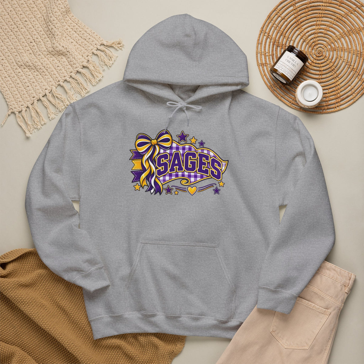 Sages Ribbon Logo Hoodie — Purple & Gold Cheer School Spirit Sweatshirt