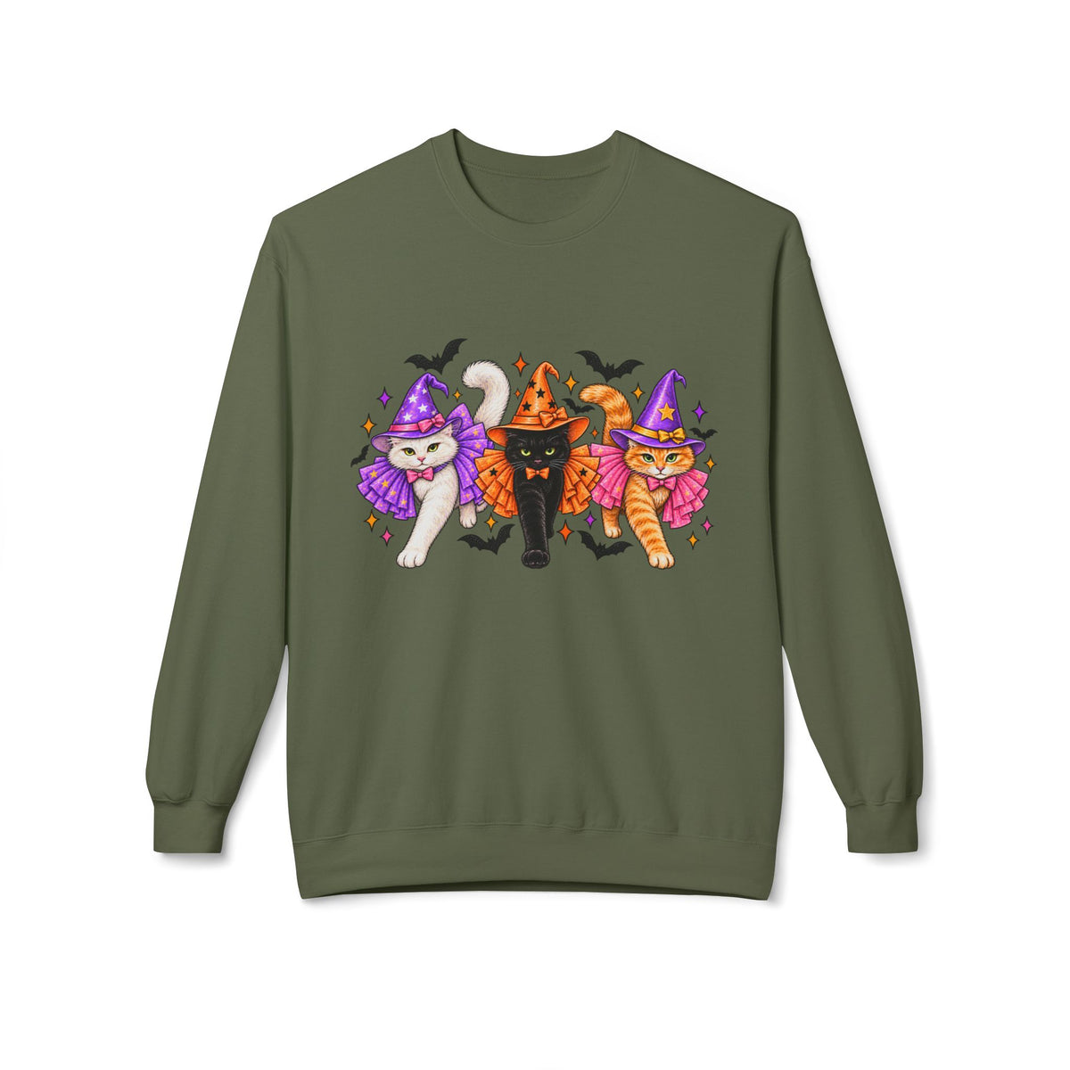 Halloween Cats Crewneck Sweatshirt — Cute Witch Cat Trio Graphic