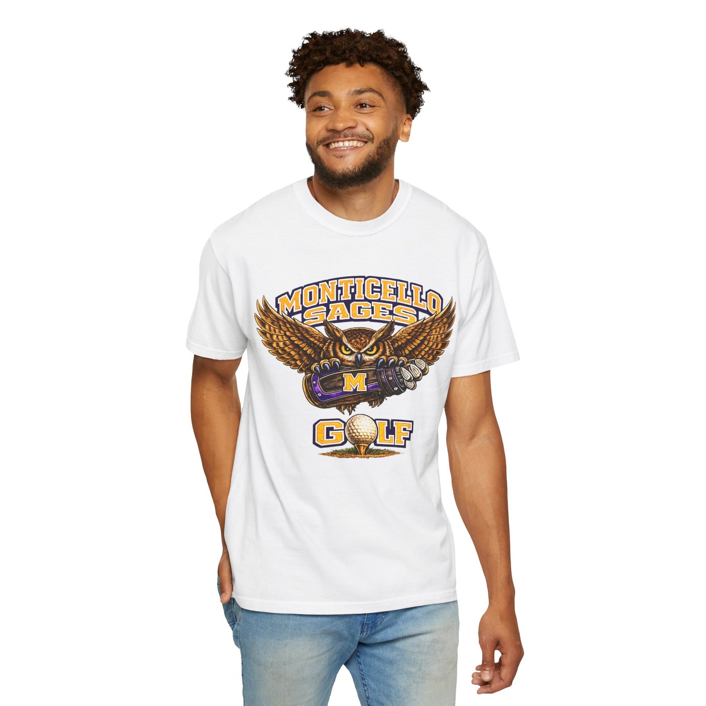 Monticello Sages Golf T-Shirt — Vintage Owl & Wings Team Tee