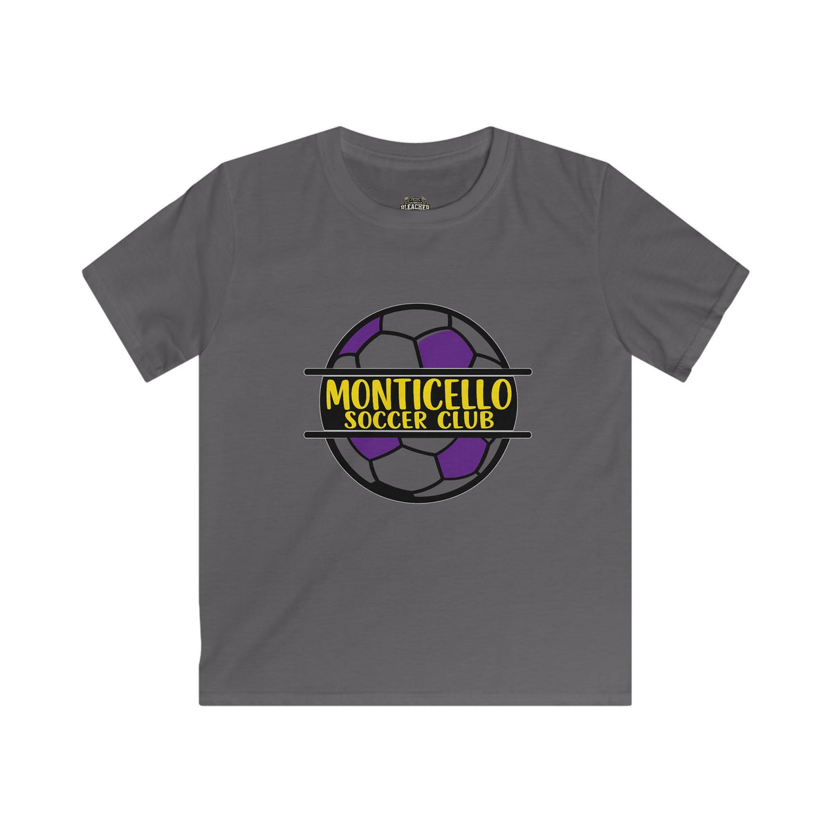 YOUTH Monticello Soccer Club Kids Tee — Youth Soccer Shirt with Purple & Yellow Ball Logo