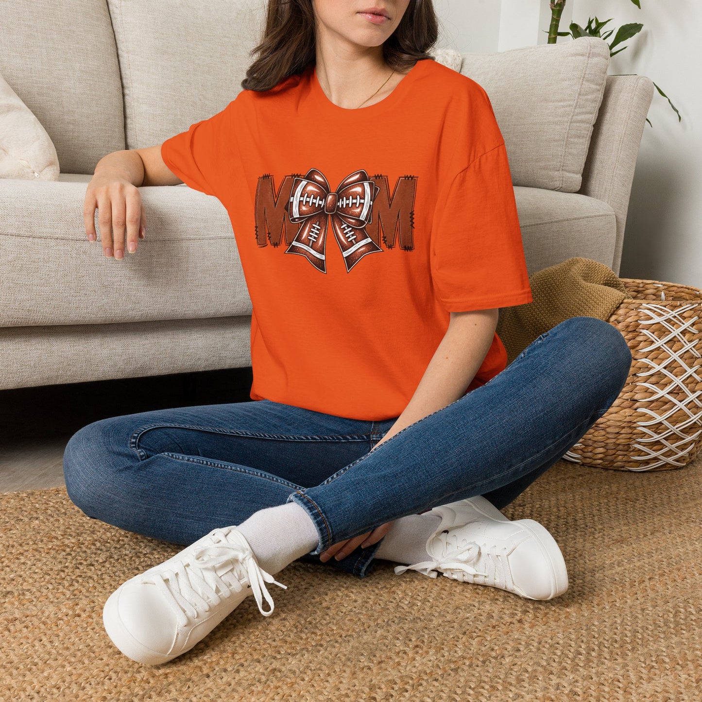 Football Mom T-Shirt — 'MOM' with Football Bow Graphic