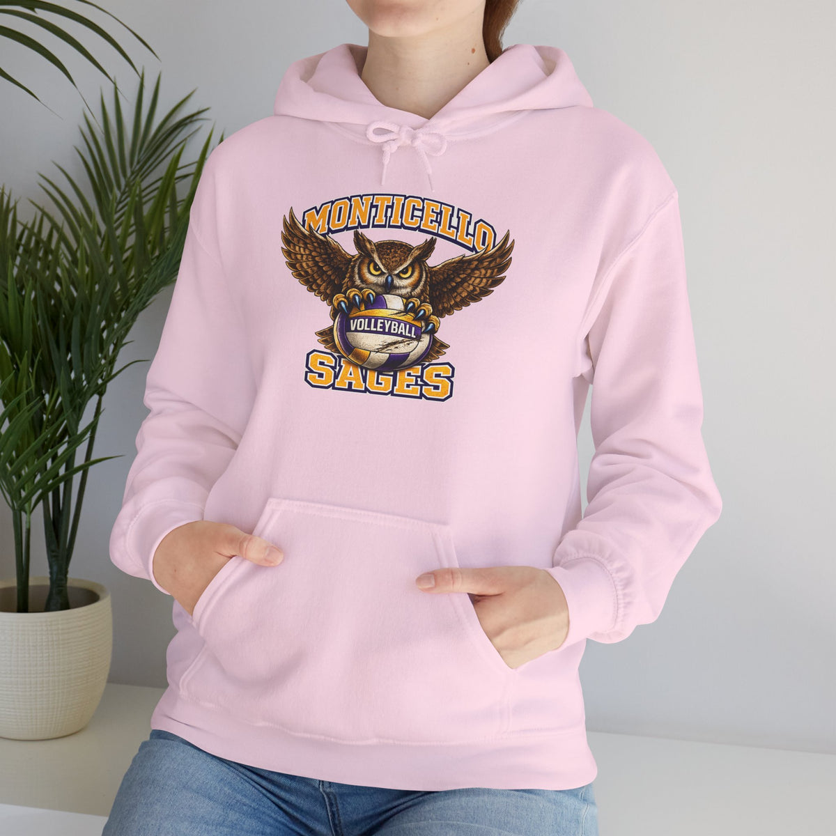 Monticello Sages Volleyball Hoodie — Wingspread Owl Mascot School Sweatshirt