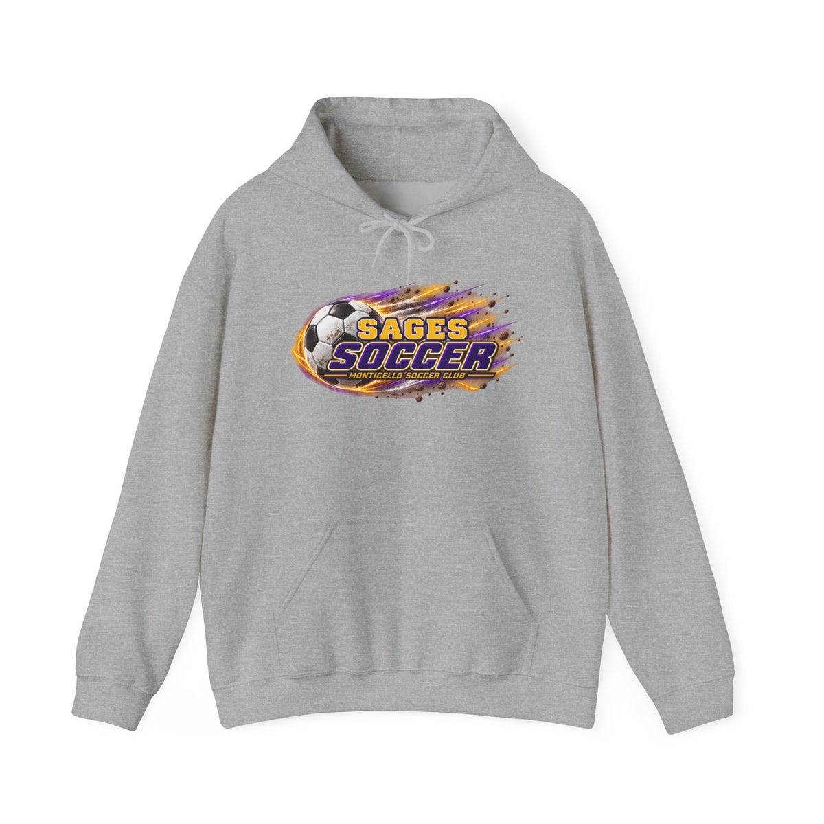 Sages Soccer Hoodie — Purple & Gold Flame Graphic Sweatshirt with Hood