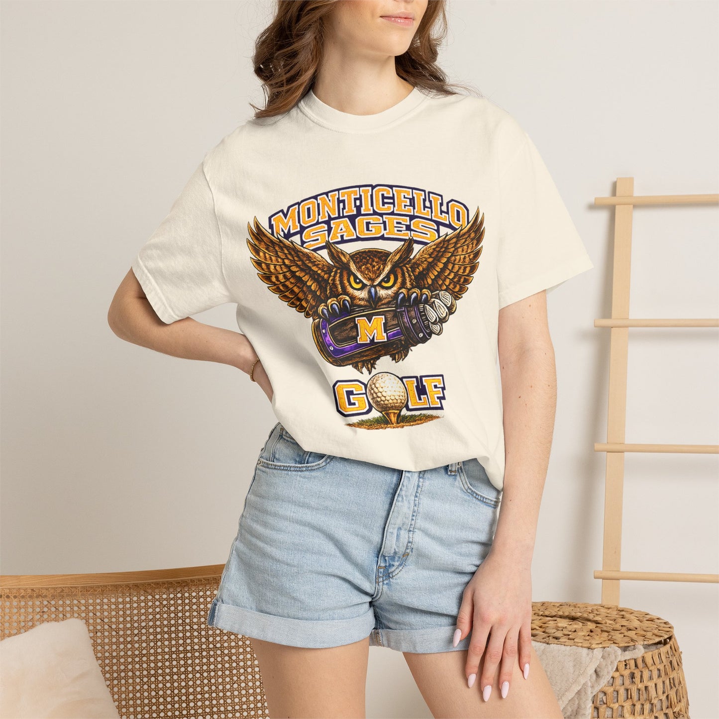 Monticello Sages Golf T-Shirt — Vintage Owl & Wings Team Tee