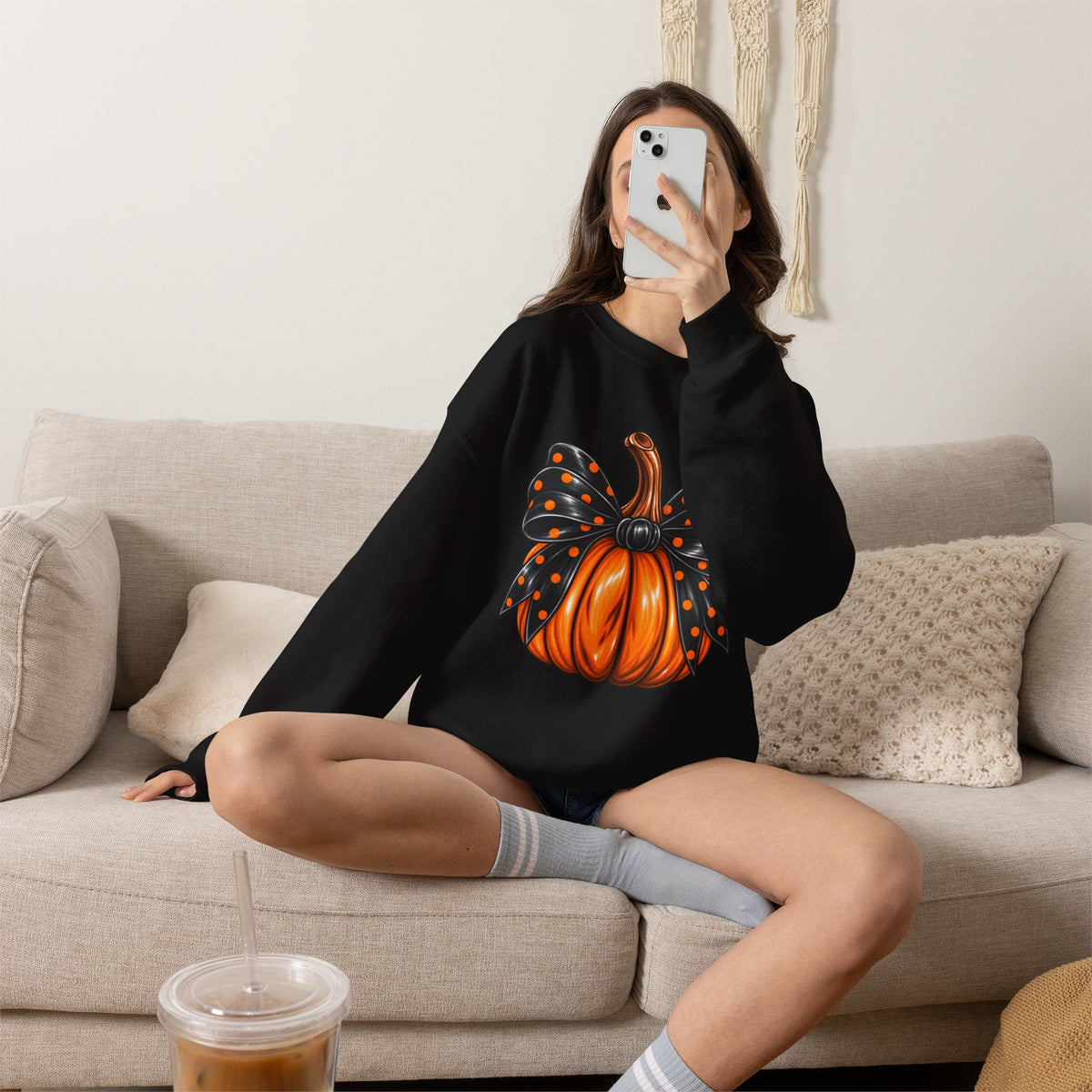 Pumpkin Bow Crewneck Sweatshirt — Cute Halloween Pumpkin Graphic