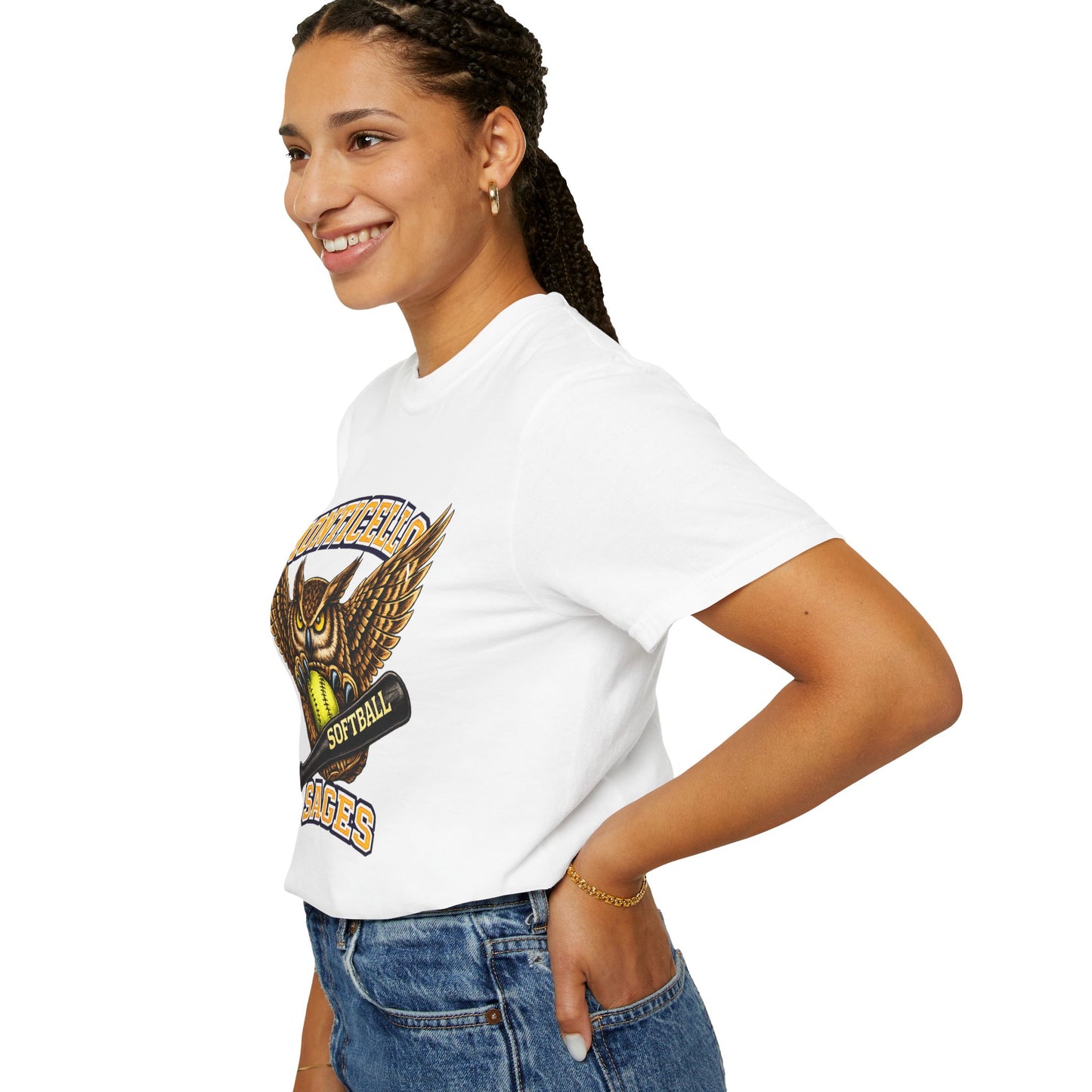 Monticello Sages Softball T-Shirt — Vintage Owl & Wings Team Tee