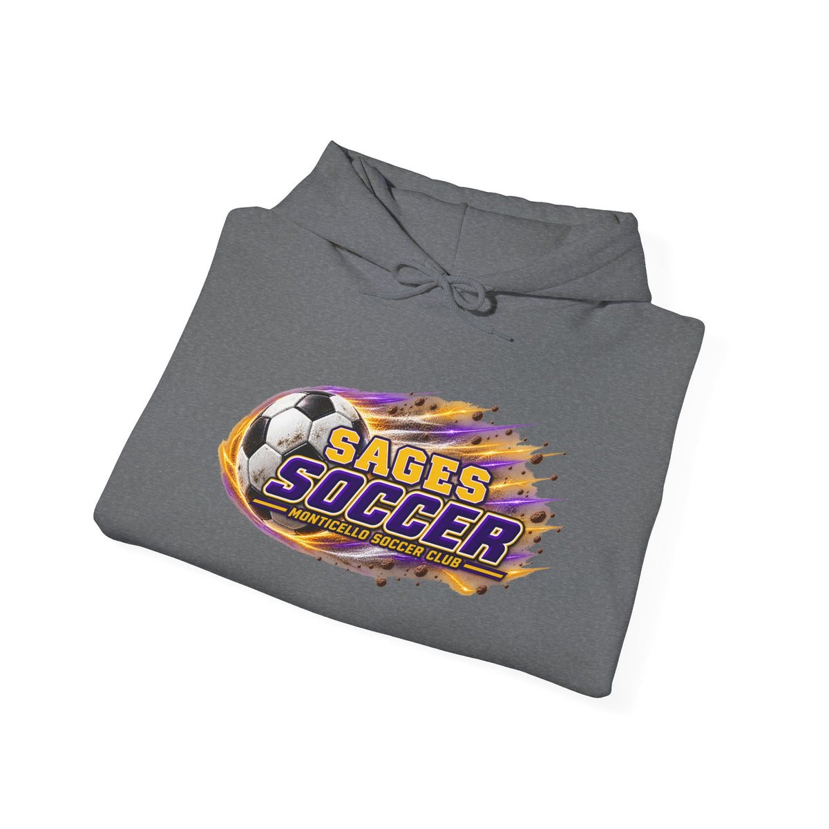 Sages Soccer Hoodie — Purple & Gold Flame Graphic Sweatshirt with Hood
