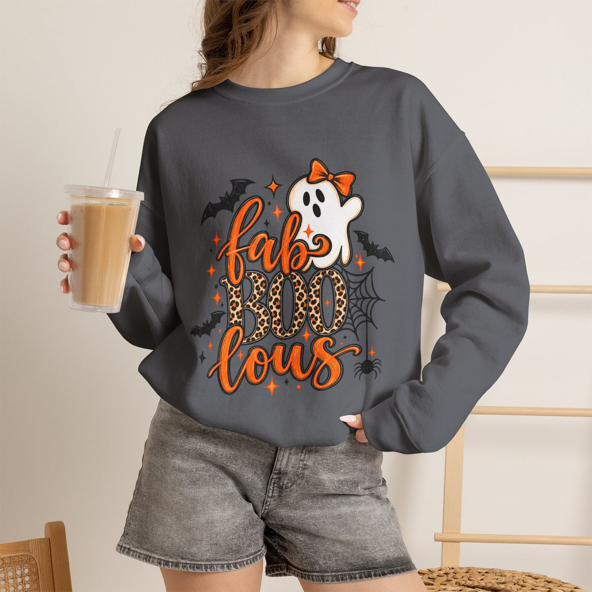 FabBOOlous Halloween Sweatshirt — Cute Ghost, Bats & Spiderweb Fall Crewneck