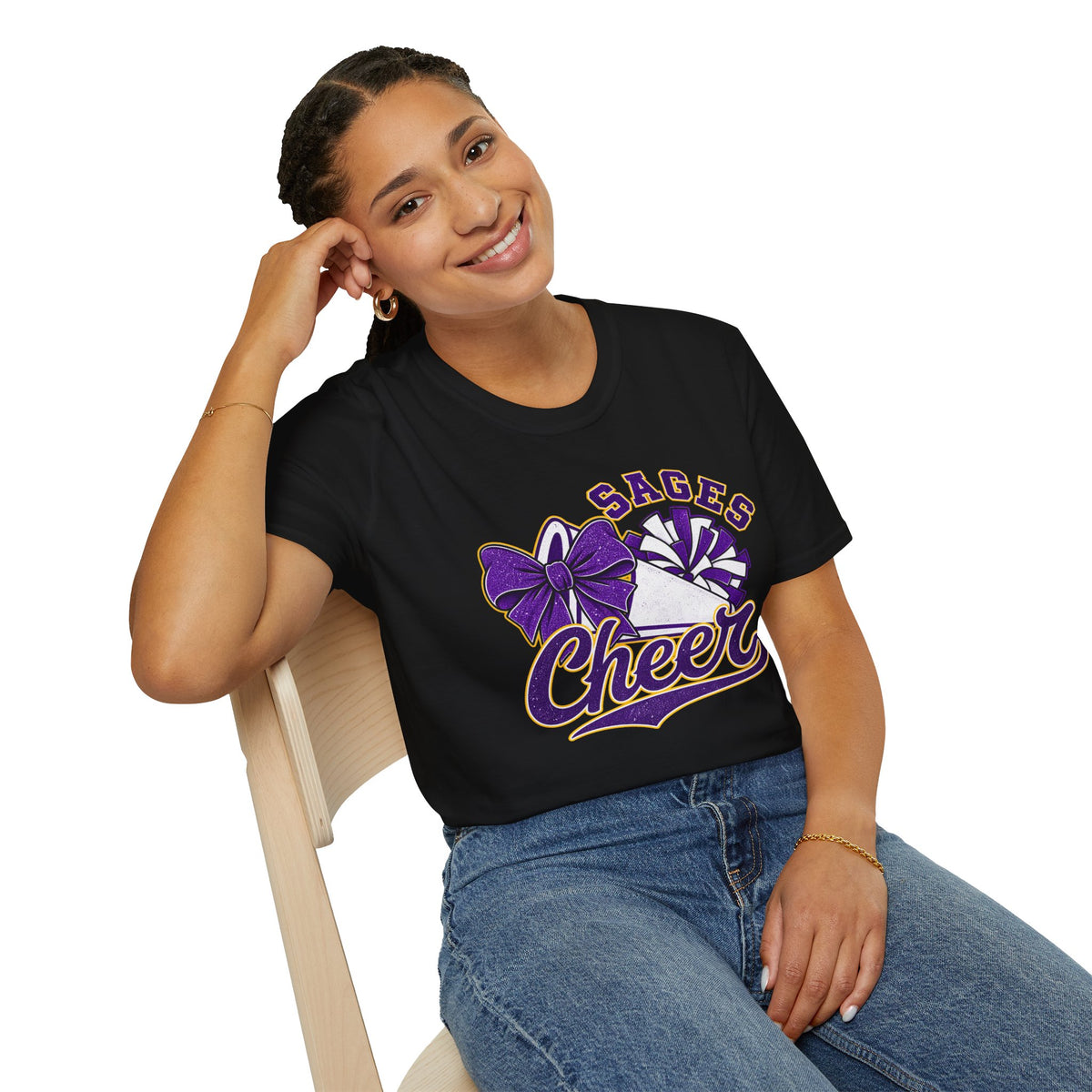 Sages Cheer T‑Shirt — Purple Bow & Pom Design