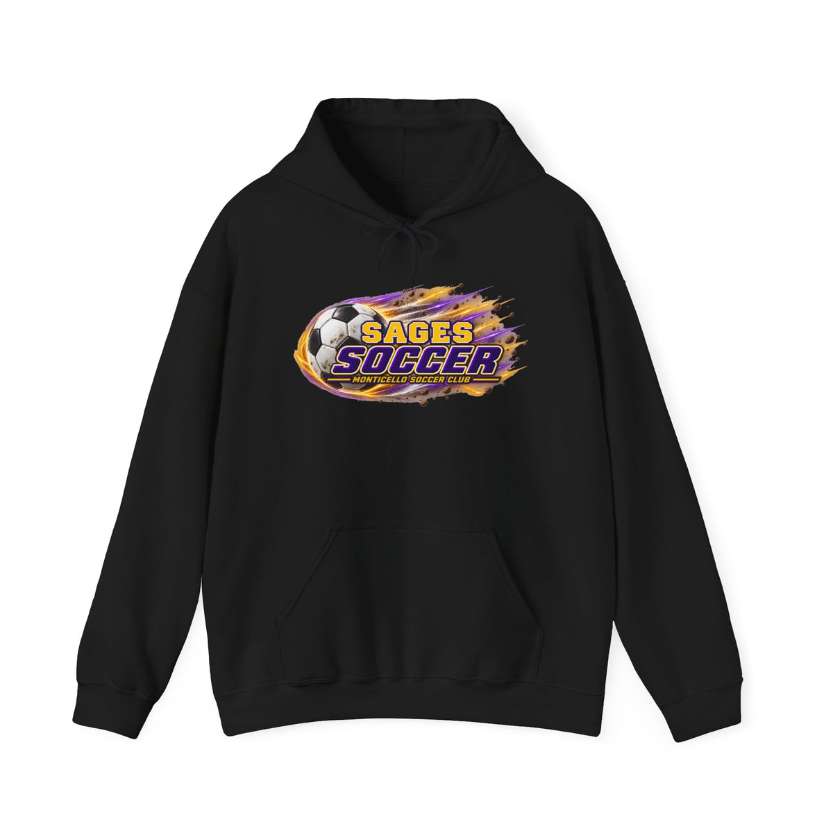 Sages Soccer Hoodie — Purple & Gold Flame Graphic Sweatshirt with Hood
