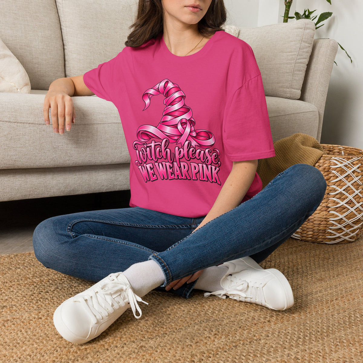 Witch Please We Wear Pink T-Shirt — Pink Witch Hat Breast Cancer Awareness Tee