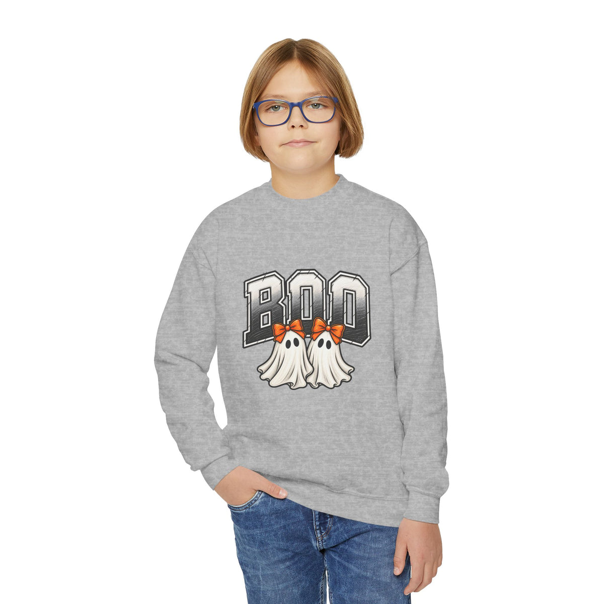 Youth Crewneck Sweatshirt — 'BOO' Ghost Trio Halloween Pullover