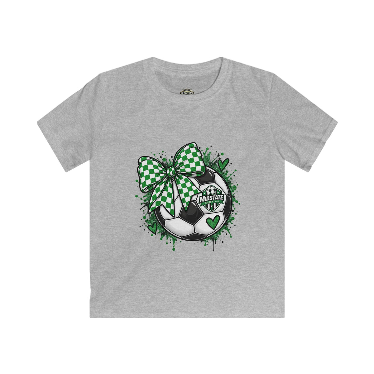 YOUTH Mid State Soccer Bow T-Shirt — Green Checkered Ribbon Soccer Ball Design
