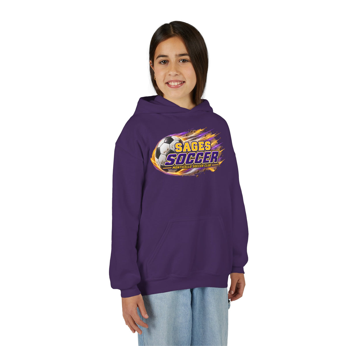 YOUTH Sages Soccer Hoodie — Purple & Gold Flame Graphic Sweatshirt with Hood