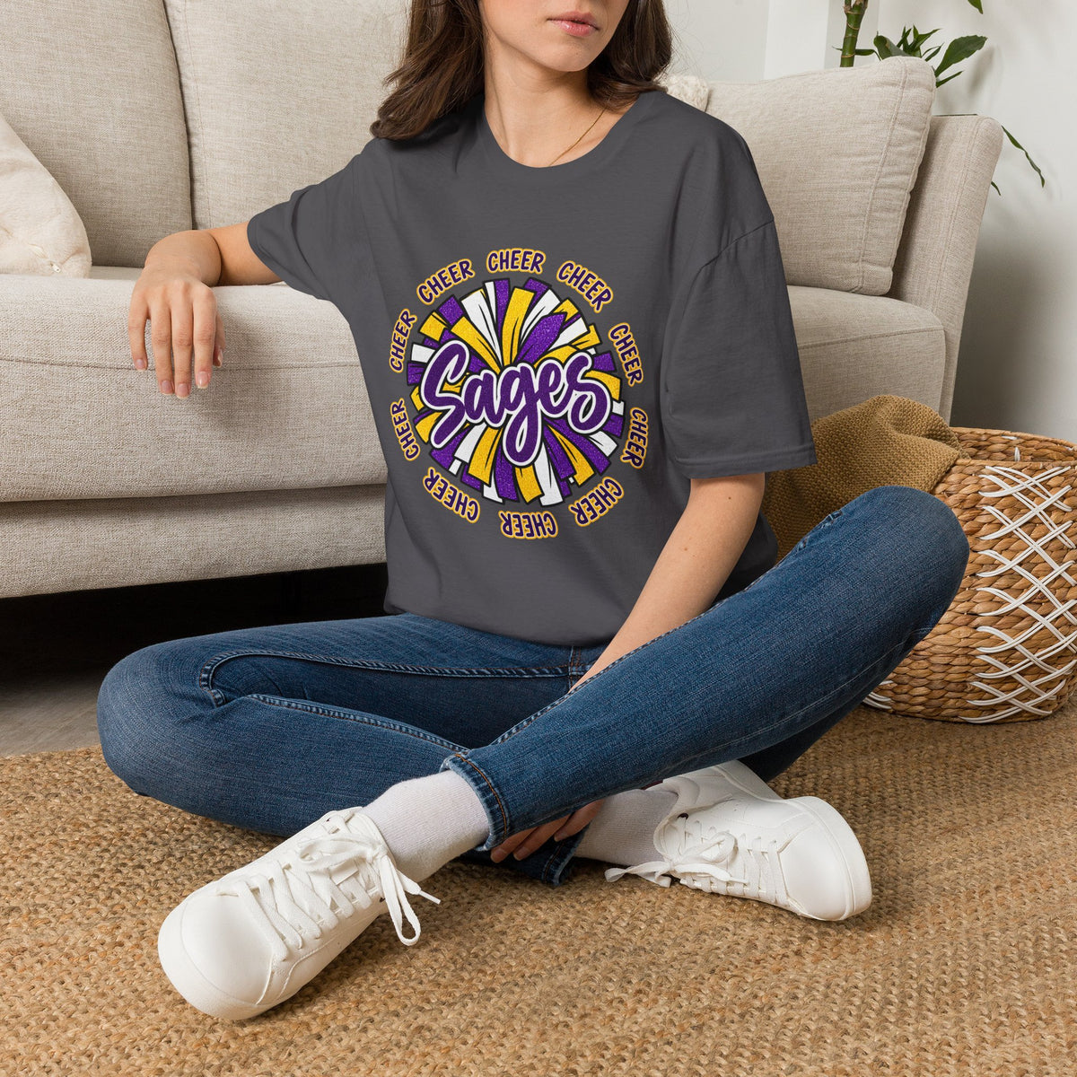 Sages Cheer T-Shirt — Purple & Gold Pom Design