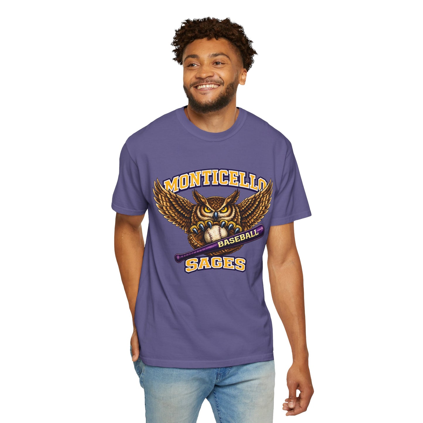 Monticello Sages Baseball T-Shirt — Vintage Owl & Wings Team Tee