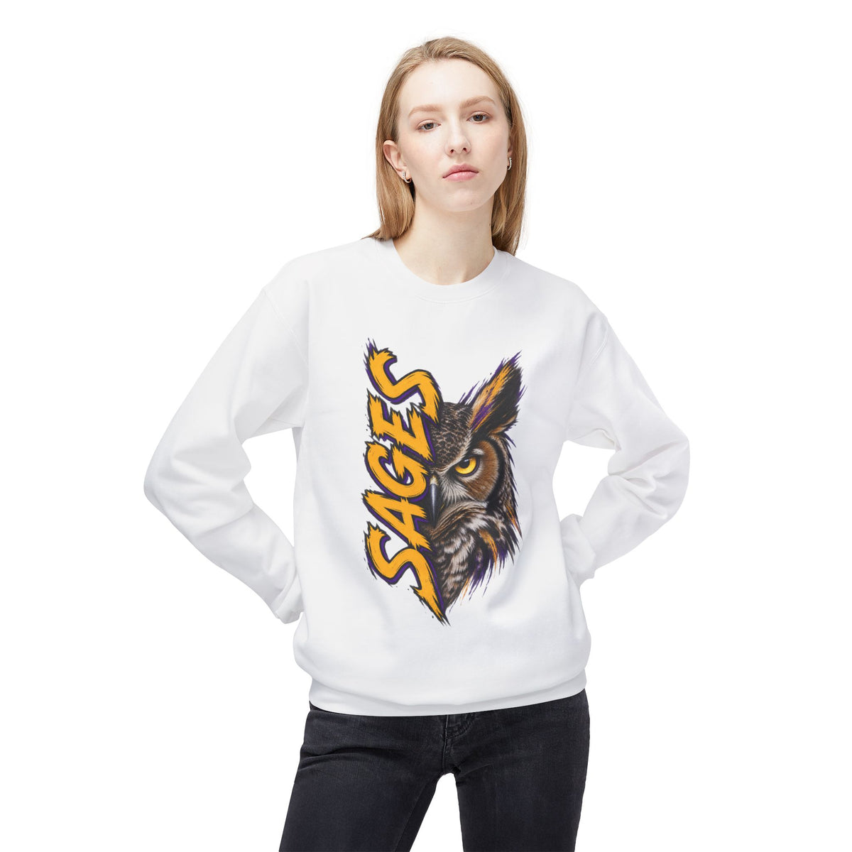 Sages Owl Crewneck Sweatshirt — Bold Vertical Mascot Design
