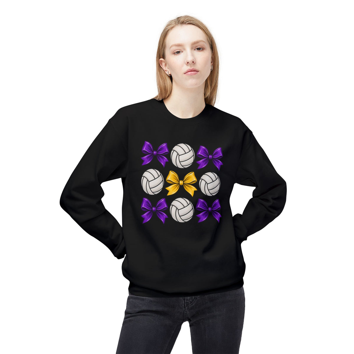 Volleyball & Bows Crewneck Sweatshirt — Purple & Gold Cheer Team Design
