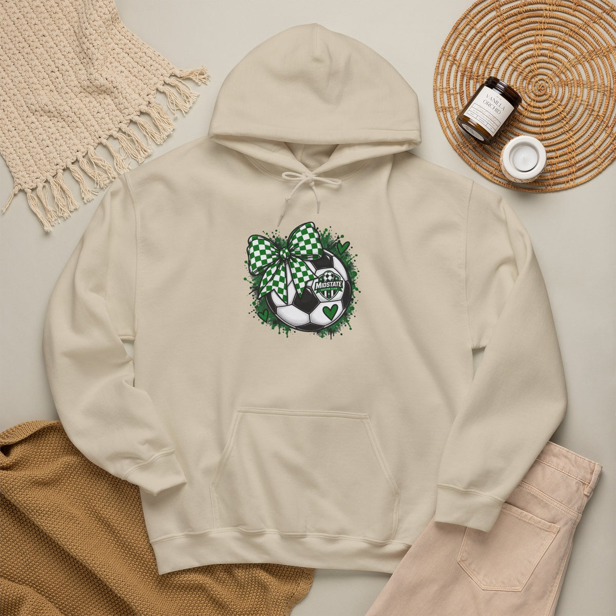Midstate Soccer Hoodie — Green Plaid Bow Kitty Design