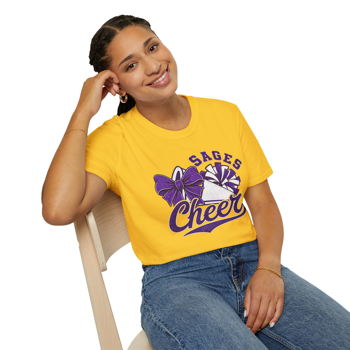 Sages Cheer T‑Shirt — Purple Bow & Pom Design