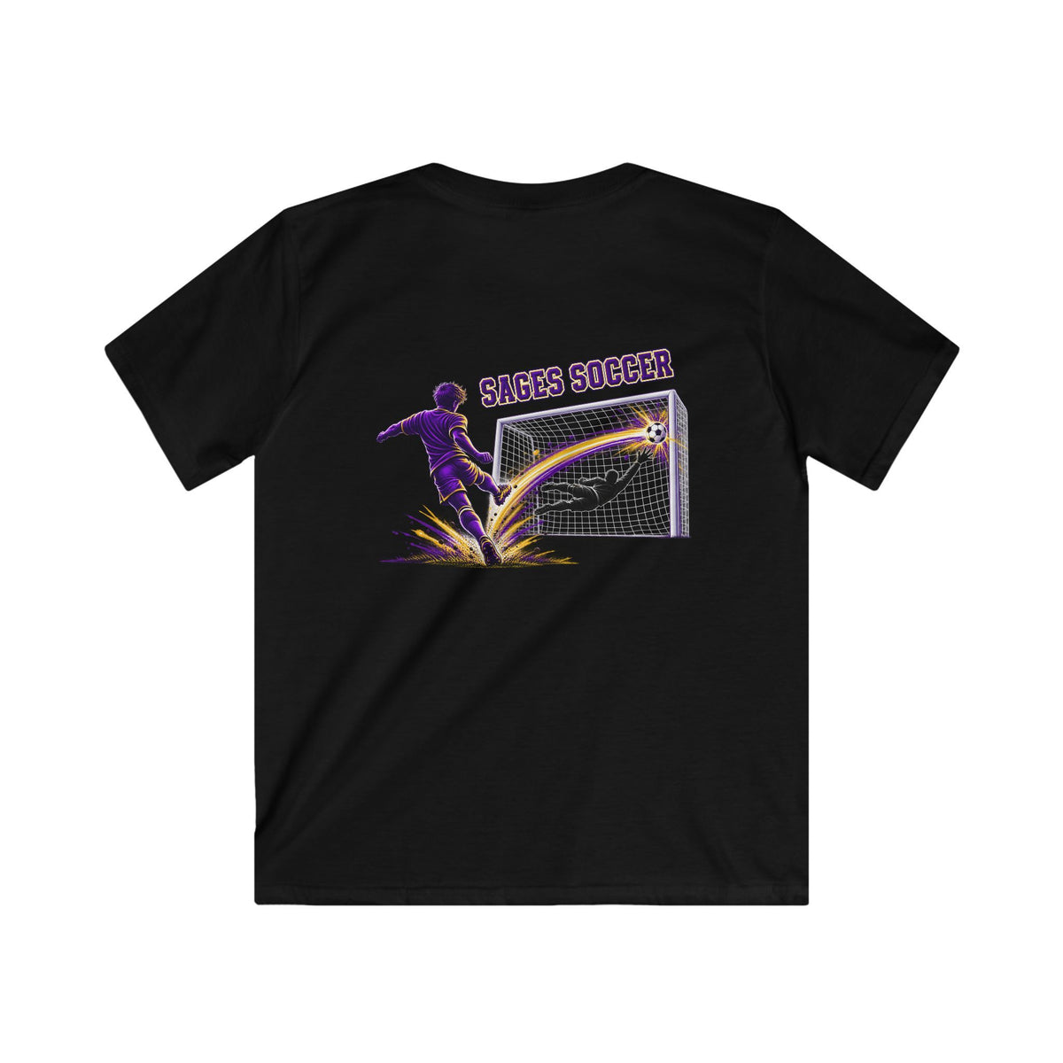 YOUTH Monticello Soccer Club Graphic Goal T Shirt - Crest on Front, Graphic Soccer Goal On Back