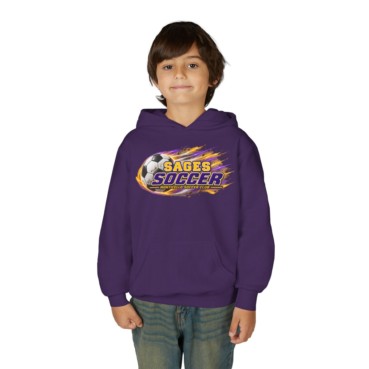 YOUTH Sages Soccer Hoodie — Purple & Gold Flame Graphic Sweatshirt with Hood