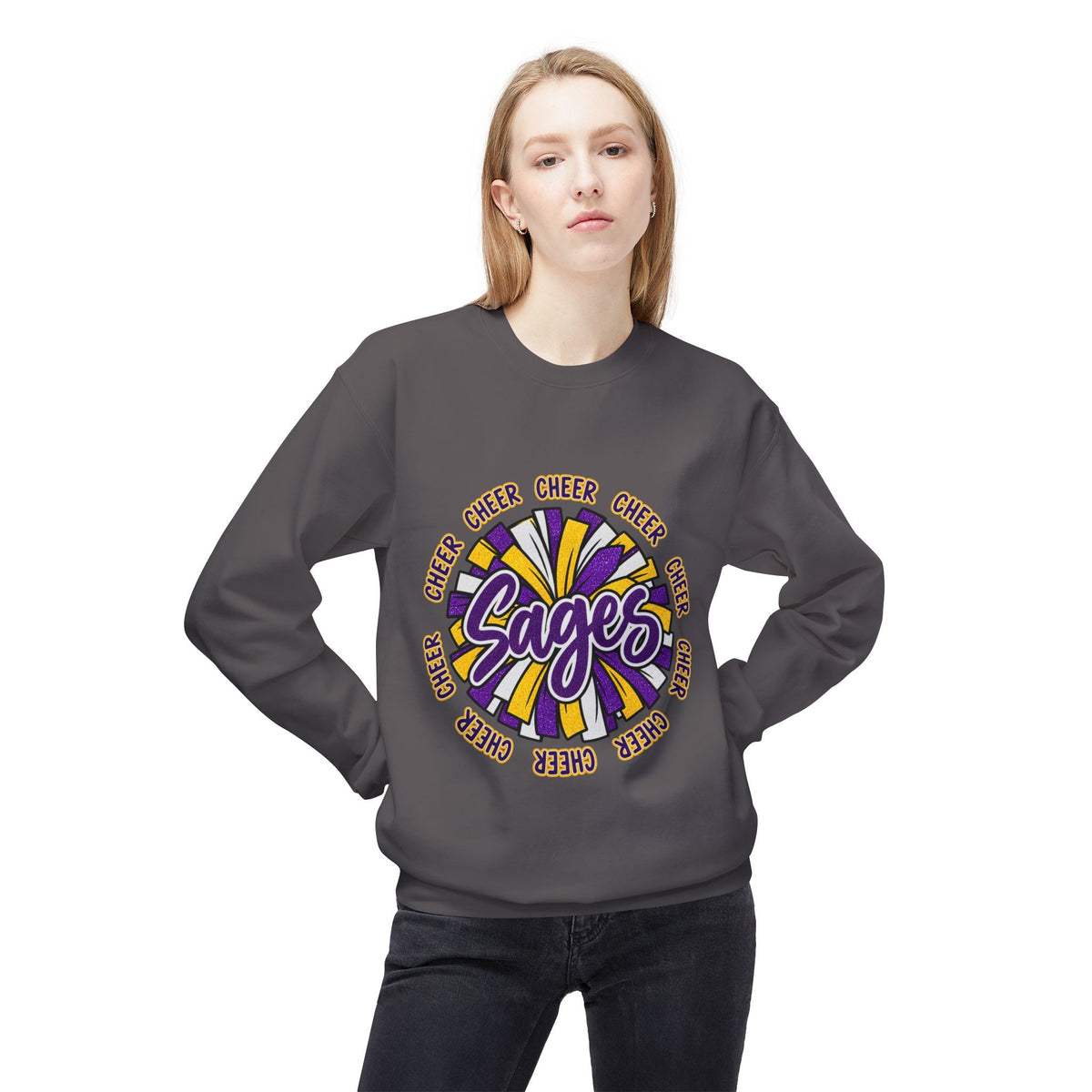 Sages Pom-Pom Cheer Crewneck Sweatshirt – Purple & Gold Spirit Tee