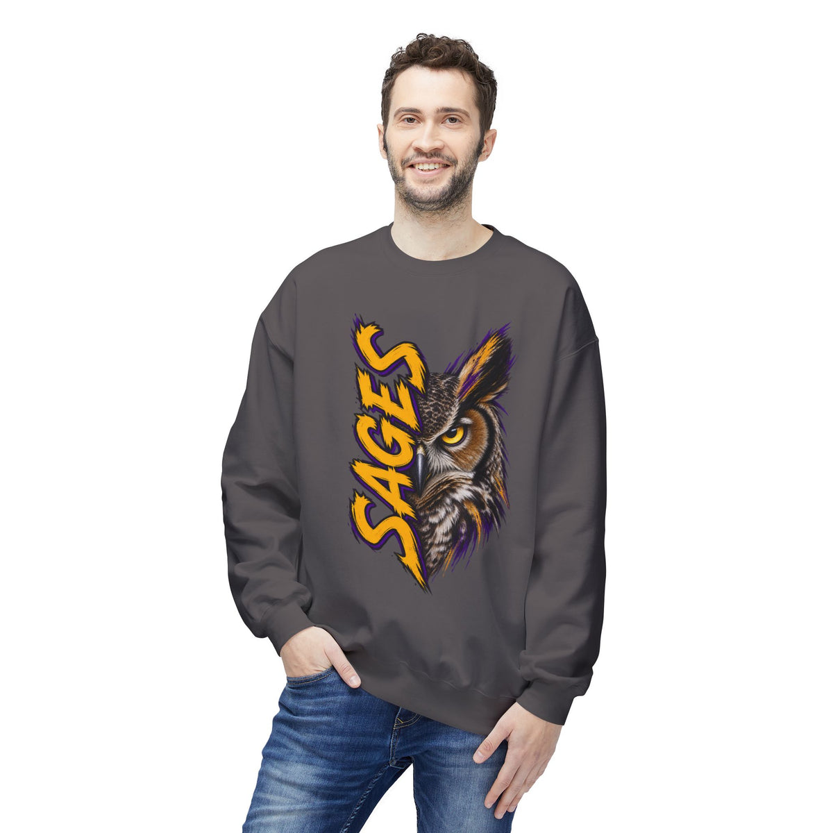 Sages Owl Crewneck Sweatshirt — Bold Vertical Mascot Design