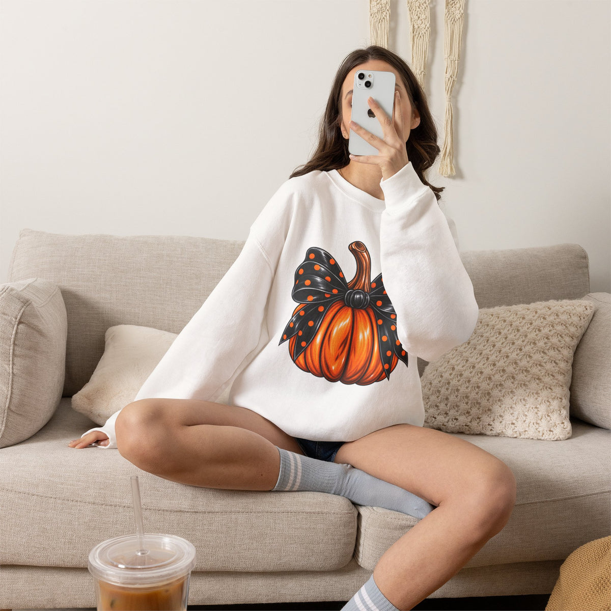 Pumpkin Bow Crewneck Sweatshirt — Cute Halloween Pumpkin Graphic