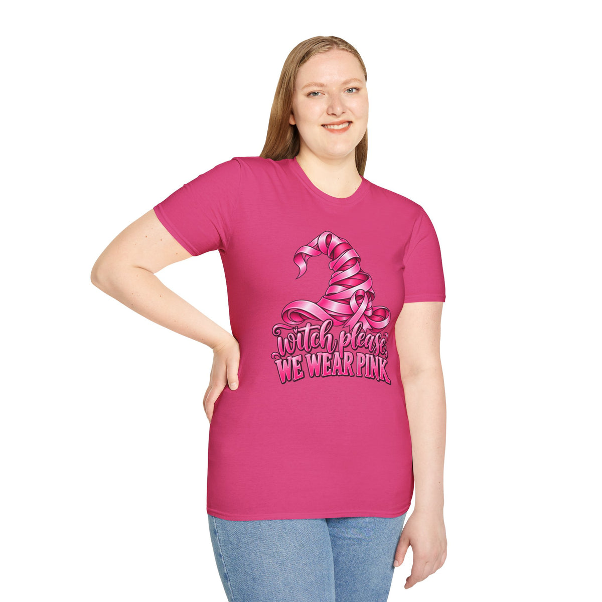 Witch Please We Wear Pink T-Shirt — Pink Witch Hat Breast Cancer Awareness Tee