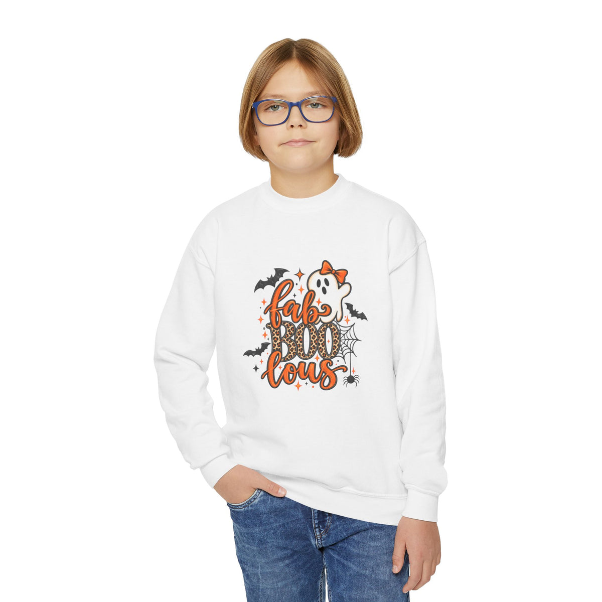 Youth Halloween Crewneck Sweatshirt - "Fabulous" Ghost & Bats Graphic