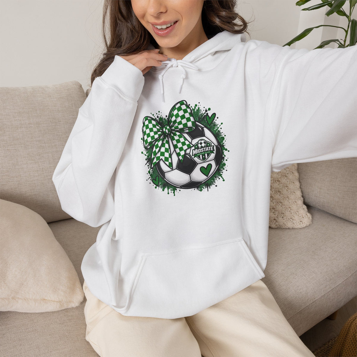 Midstate Soccer Hoodie — Green Plaid Bow Kitty Design