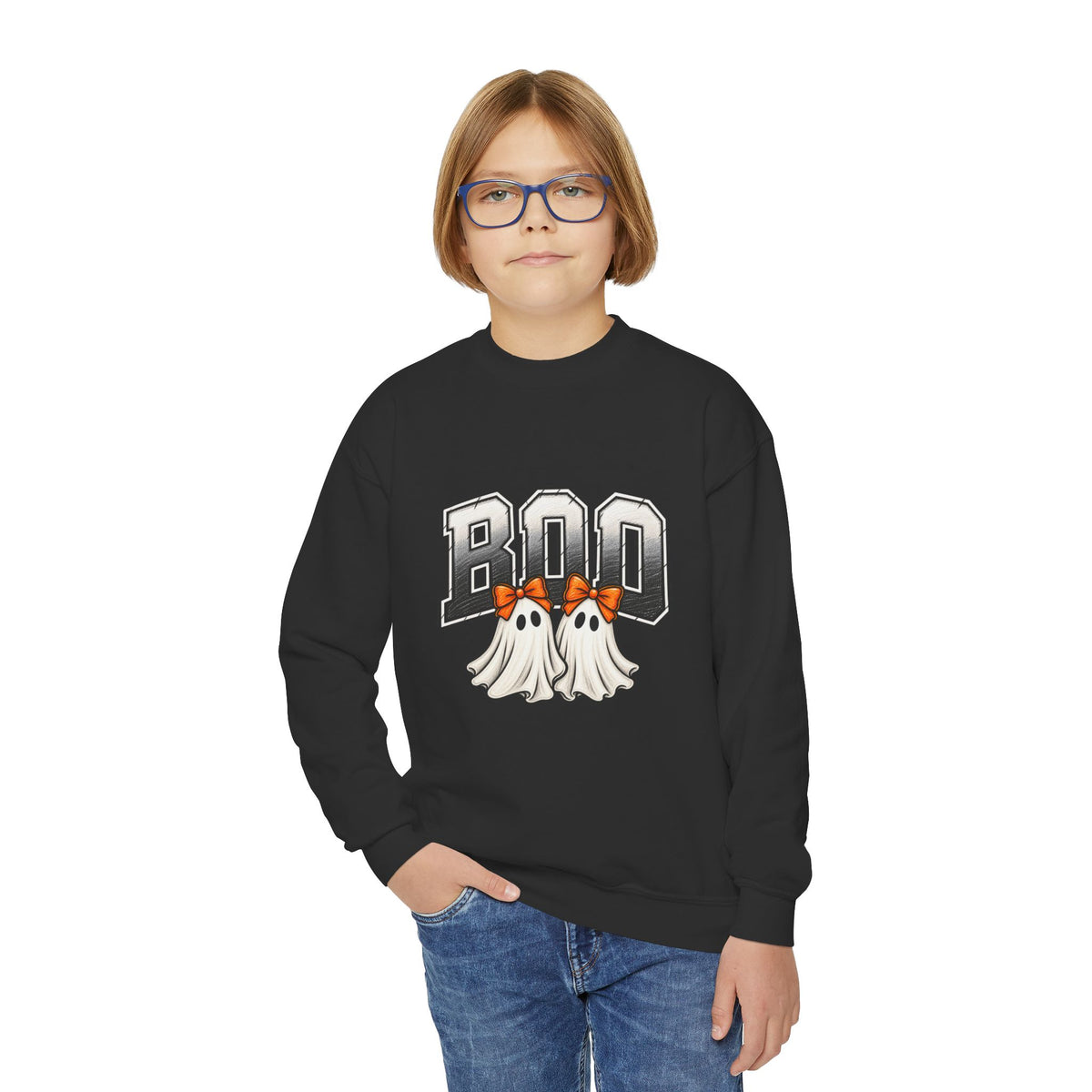 Youth Crewneck Sweatshirt — 'BOO' Ghost Trio Halloween Pullover